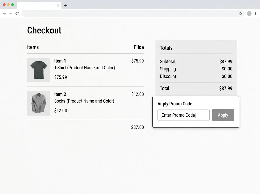 Illustration of an online checkout page showing an order summary and a promo code field with an Apply button