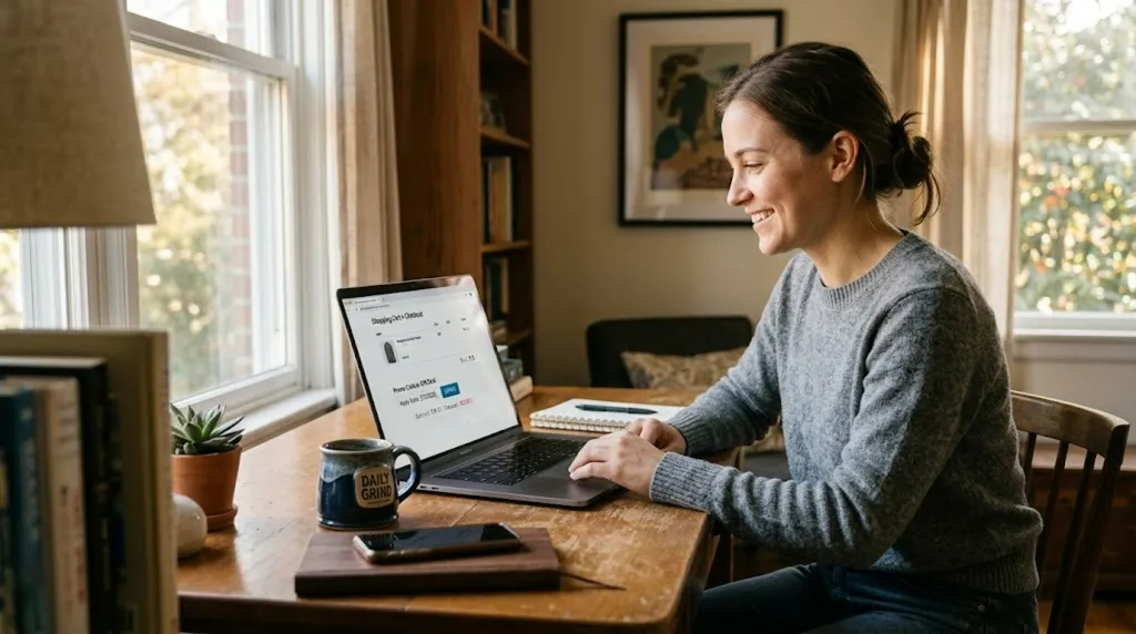 Stock photograph: a person shopping online at a laptop on a wooden table, with a checkout page open on screen